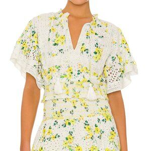 Alice + Olivia Tabitha Cropped Blouse Drifting By Floral Yellow Pattern XS